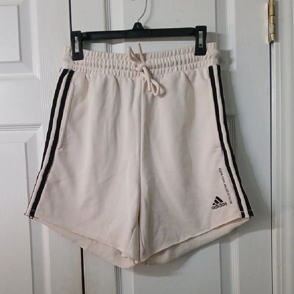 Adidas Women's Cream Shorts Recycled cotton 3 stripes Sz S NWOT